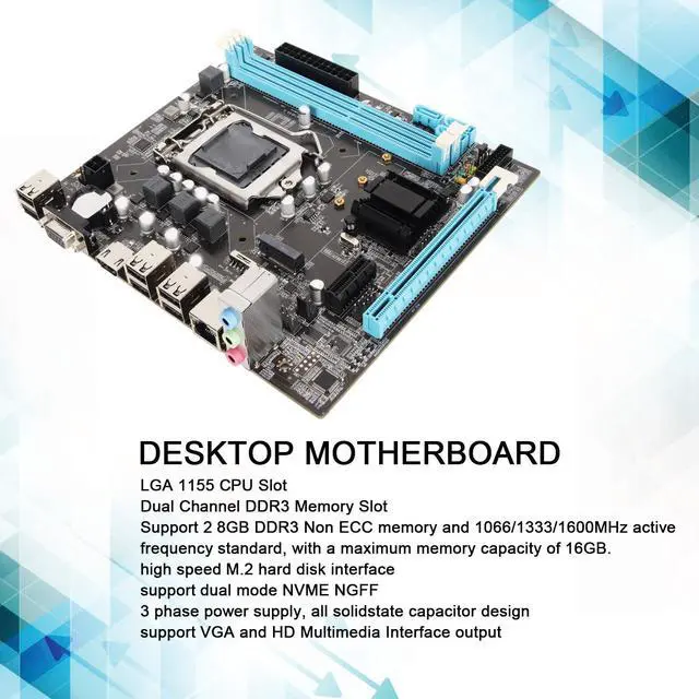 Alt view image 3 of 5 - Pomya H61 Desktop Motherboard for LGA1155 Socket I3 I5 I7 - Channel DDR3 M.2 NVMe NGFF 100Mbps LAN Micro ATX, USB2.0 PCI Express X16 Gaming