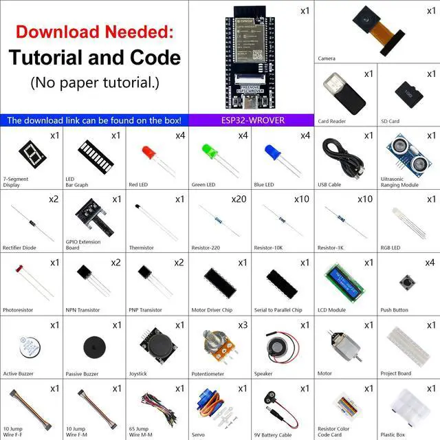 Alt view image 2 of 5 - Freenove Super Starter Kit for ESP32-WROVER CAM (Included), Dual-core 32-bit 240 MHz Microcontroller, Onboard Camera Wireless, Python C Code, 522-Page Detailed Tutorial, 173 Items, 78 Projects