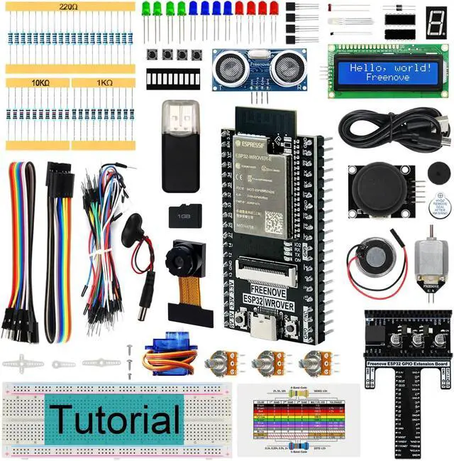 Main image of Freenove Super Starter Kit for ESP32-WROVER CAM (Included), Dual-core 32-bit 240 MHz Microcontroller, Onboard Camera Wireless, Python C Code, 522-Page Detailed Tutorial, 173 Items, 78 Projects