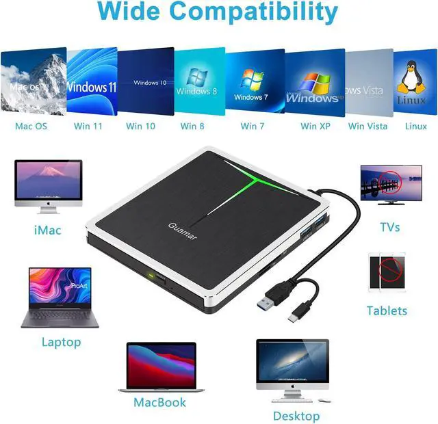 Alt view image 5 of 5 - Guamar External CD DVD Drive: Portable USB-C Burner for Laptop PC Mac Windows 11 with SD/TF Slot/2 USB Ports/Carrying Case - Plug & Play - High-Speed Read Write Music/Movie/Video