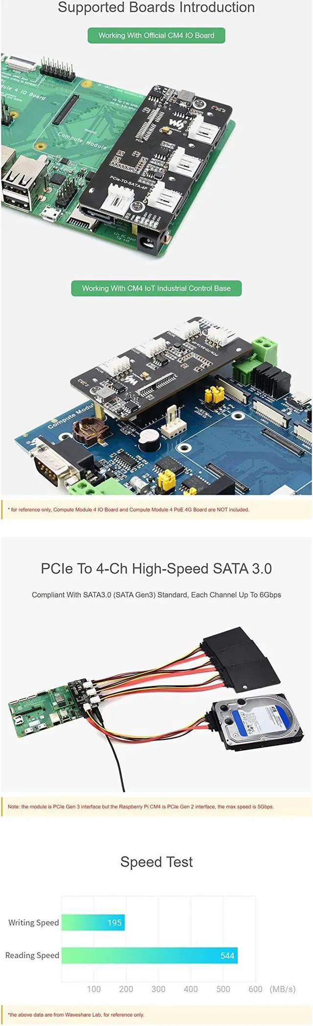 Alt view image 5 of 5 - Coolwell PCIe to 4-Ch SATA 3.0 Expander Supports Compute Module 4 (CM4), 4 CH SATA 3.0 Interface, 6Gpbs High-Speed