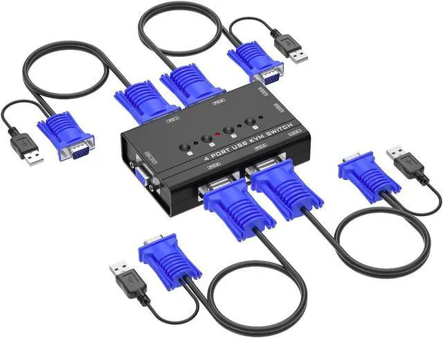Main image of VGA KVM Switch, Yinker 4 Port USB VGA KVM Switch w/4 KVM Cables & 3 USB Hubs for 4 Computers Share One Monitor Keyboard Mouse