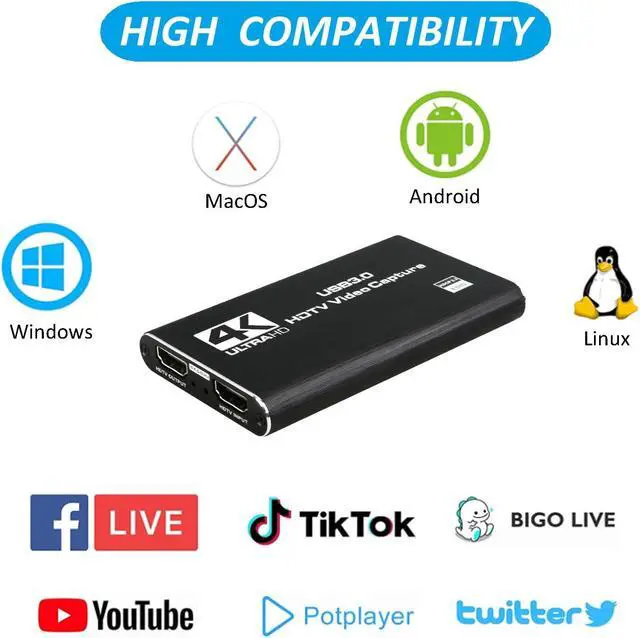Alt view image 5 of 5 - 4K Audio Video Capture Card, USB 3.0 HDMI Video Capture Device, Full HD 1080P, 3.5mm TRS Audio Input, HDCP 2.2, for Game Recording, Live Streaming Broadcasting