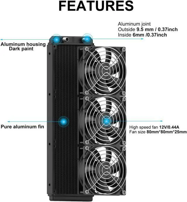 Alt view image 2 of 5 - Clyxgs Water Cooling Radiator, 12 Pipe Aluminum Heat Exchanger Radiator with Fan for PC CPU Computer Water Cool System DC12V 360mm Black