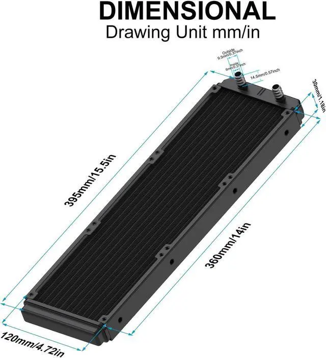 Alt view image 3 of 5 - Clyxgs Water Cooling Radiator, 12 Pipe Aluminum Heat Exchanger Radiator with Fan for PC CPU Computer Water Cool System DC12V 360mm Black