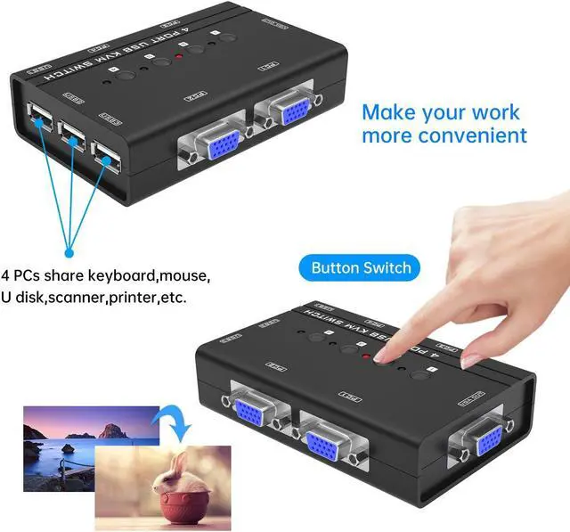Alt view image 3 of 5 - Yinker 4 Port VGA KVM + 1 Pack 10ft VGA KVM Cable