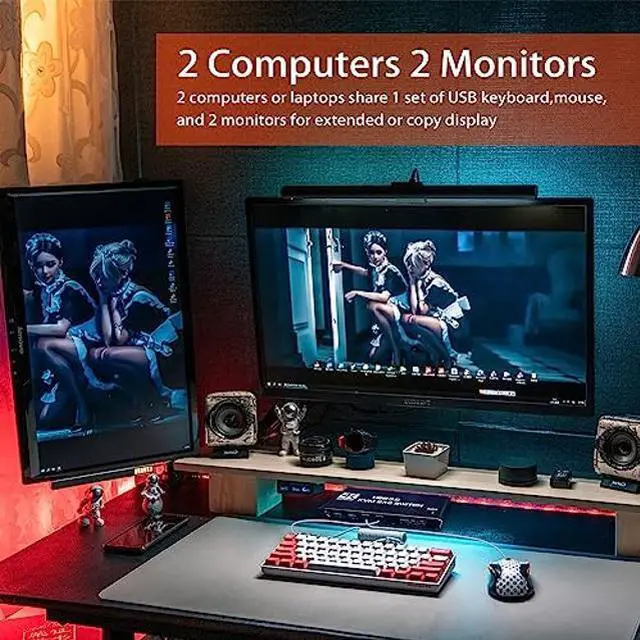 Alt view image 2 of 5 - HDMI KVM Switch Dual Monitors 2 Computers, WrixWric 4K@60Hz HDMI KVM Switch 2 Port Extended Display, 2 PCs Share 2 Monitors with 3.5mm Audio, Support 4 USB 3.0 Share Keyboard Mouse Printer with Hotkey