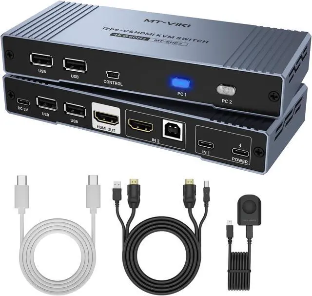 Main image of MT-VIKI 4K Hybrid Type USB C HDMI KVM Switch 2 Port, 4K@60Hz for Apple MacBook & Desktop PC + 65W PD+ Cables
