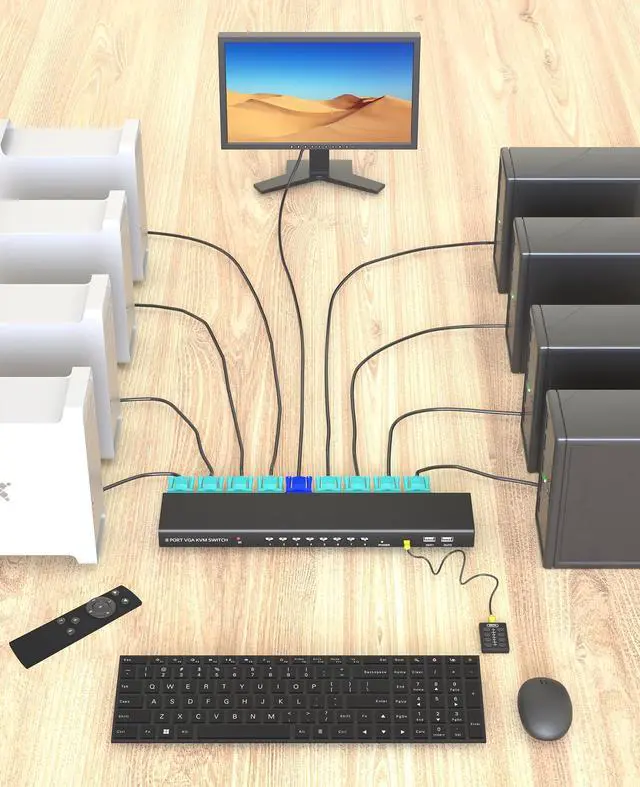 Alt view image 5 of 5 - VGA KVM Switch 8 Ports - KVM Switch with Remote,USB Switcher 8 Computers Share 1 Monitor 4 USB 2.0 Hubs,Keyboard Mouse Printer,8 KVM VGA Cables 1 Desktop Controller 1 IR Remote
