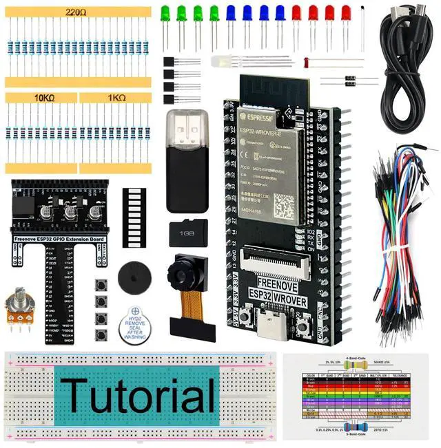 Main image of Freenove Basic Starter Kit for ESP32-WROVER CAM (Included), Dual-core 32-bit 240 MHz Microcontroller, Onboard Camera Wireless, Python C Code, 400-Page Detailed Tutorial, 141 Items, 58 Projects