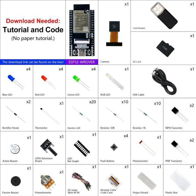 Alt view image 2 of 5 - Freenove Basic Starter Kit for ESP32-WROVER CAM (Included), Dual-core 32-bit 240 MHz Microcontroller, Onboard Camera Wireless, Python C Code, 400-Page Detailed Tutorial, 141 Items, 58 Projects