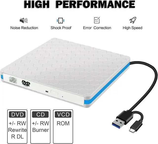 Alt view image 2 of 5 - intendvision External CD DVD Drive Slim USB C Writer Portable Type C & USB 3.0 CD-RW DVD-R Combo Burner Player for Windows 11/10/8/7 PC Laptop Desktop Computer (White)