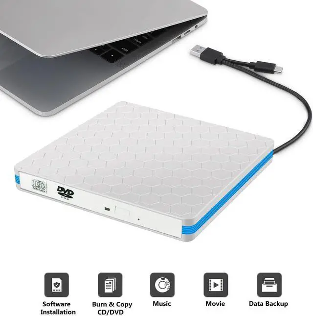 Alt view image 3 of 5 - intendvision External CD DVD Drive Slim USB C Writer Portable Type C & USB 3.0 CD-RW DVD-R Combo Burner Player for Windows 11/10/8/7 PC Laptop Desktop Computer (White)