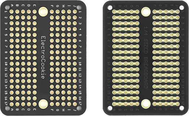 Main image of ElectroCookie Mini PCB Prototype Board Solderable Breadboard for DIY Electronics, Compatible for Mini Arduino Soldering Projects, Gold-Plated (50 Pack, Black)