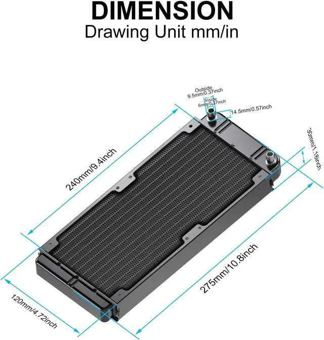 Alt view image 2 of 5 - Clyxgs Water Cooling Radiator, 12 Pipe Aluminum Heat Exchanger Radiator with Fan for PC CPU Computer Water Cool System DC12V 240mm Black