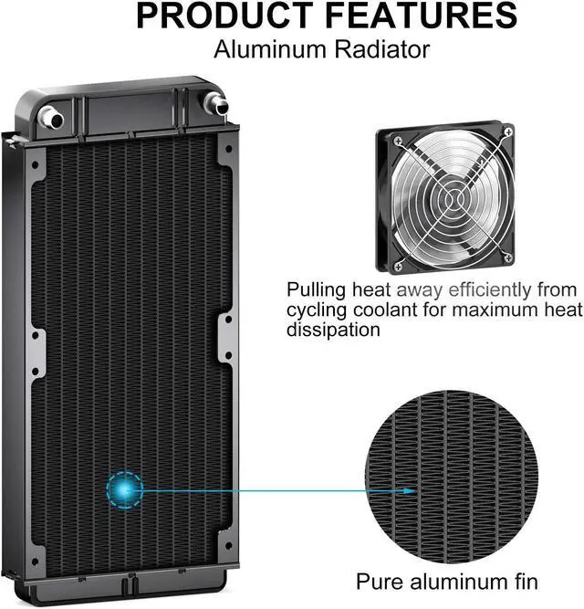 Alt view image 3 of 5 - Clyxgs Water Cooling Radiator, 12 Pipe Aluminum Heat Exchanger Radiator with Fan for PC CPU Computer Water Cool System DC12V 240mm Black