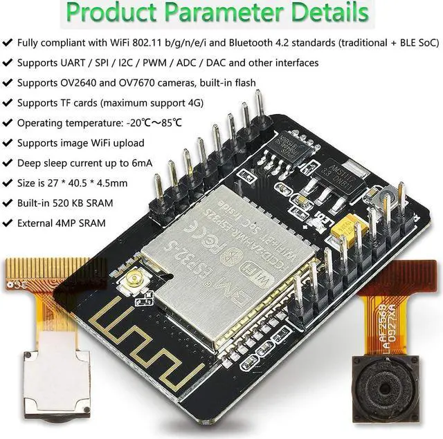 Alt view image 5 of 5 - Aideepen ESP32-CAM W-BT Board ESP32-CAM-MB Type-C to Serial Port CH-340G with OV2640 2MP Camera Module Dual Mode Support NodeMCU 4PCS