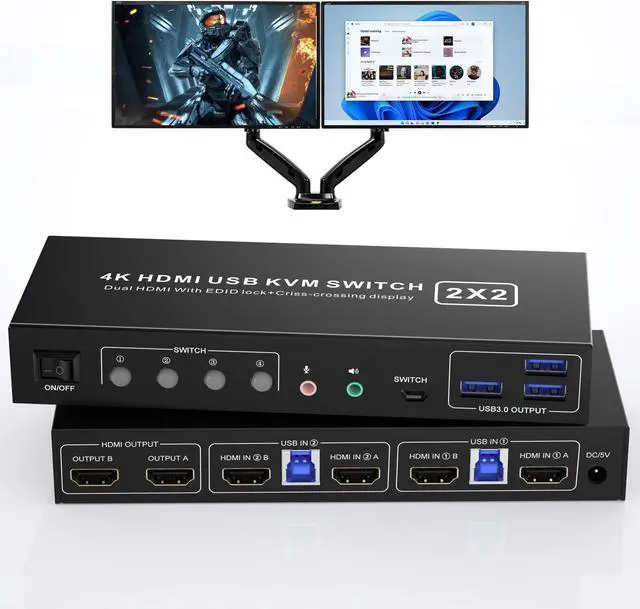 Main image of HDMI KVM Switch 2 Montiors 2 Computers USB 3.0, 4K@60Hz KVM Switch Dual Monitor with 3 USB 3.0 Ports and Audio, 2 Port KVM Switch with Dual Monitor Cross Display for 2 Computers