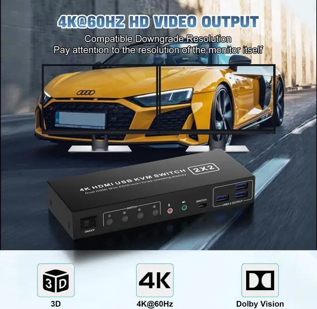 Alt view image 4 of 5 - HDMI KVM Switch 2 Montiors 2 Computers USB 3.0, 4K@60Hz KVM Switch Dual Monitor with 3 USB 3.0 Ports and Audio, 2 Port KVM Switch with Dual Monitor Cross Display for 2 Computers