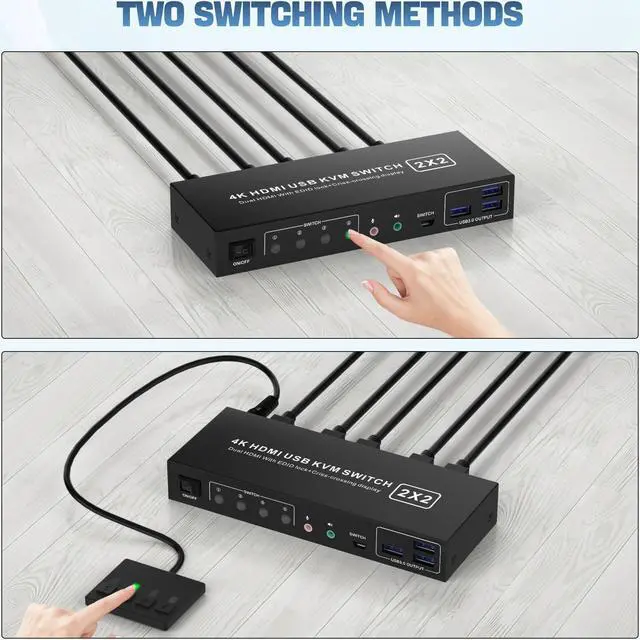 Alt view image 5 of 5 - HDMI KVM Switch 2 Montiors 2 Computers USB 3.0, 4K@60Hz KVM Switch Dual Monitor with 3 USB 3.0 Ports and Audio, 2 Port KVM Switch with Dual Monitor Cross Display for 2 Computers