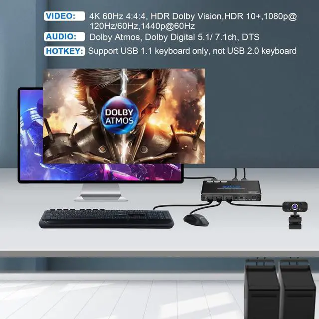 Alt view image 2 of 5 - USB 3.0 KVM Switch HDMI 2 Computer 1 Monitor HotKey 4K60 4:4:4 HDR Atmos - 2 PCs Share Keyboard Mouse Printer Scanner Mac Windows,HDCP Pass, 2 USB3.0 Cable,USB Selector SW21KVM