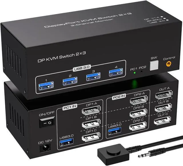 Main image of 8K KVM Switch 3 Monitors 2 Computers Displayport 4K@120Hz USB 3.0 KVM Switches DP 1.4 Monitor Switch for 2 Computers with 4 USB Ports Support Extended & Copy Mode, With 12V DC Adapter and 2 USB cables