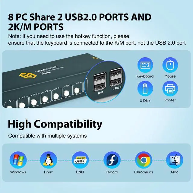 Alt view image 4 of 4 - 8 Port HDMI KVM Switch,8 Computers Share 1 Monitor Keyboard and Mouse, USB2.0 4K@30HZ 8 in 1 Out Monitor Switch with Hotkeys, Adaptive EDID