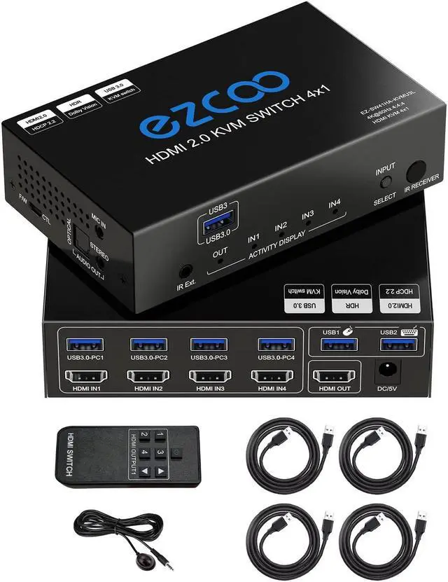 Main image of USB 3.0 KVM Switch HDMI 4 Computer 1 Monitor 4K 60Hz SPDIF L/R Extractor- USB Switch for Keyboard Mouse Printer Mac Windows 4 Port HDMI Switch 4x1 1080p 120Hz 144Hz HDCP Pass, IR Remote Ext. Mic