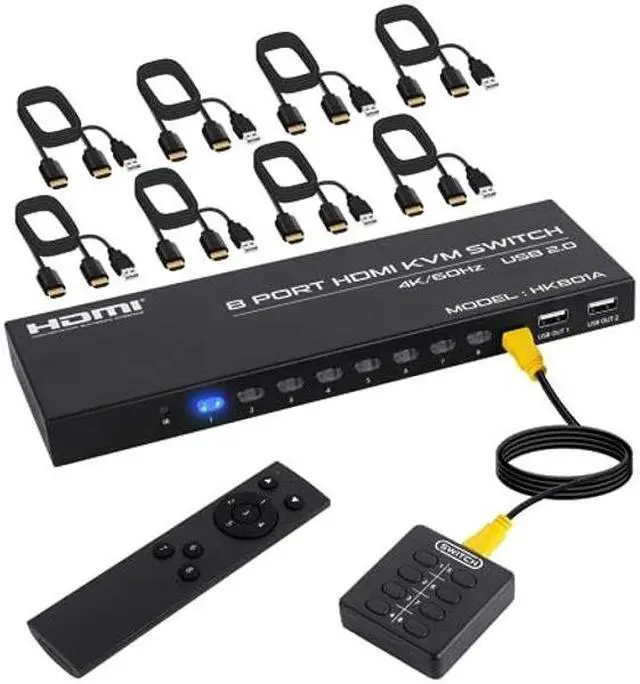 Main image of DGODRT 8 Port HDMI KVM Switch, 4K@60Hz HDMI KVM Switch for 8 Computers Share 1 HD Monitor and 4 USB Devices, Including 8 HDMI Cables and Remote Control
