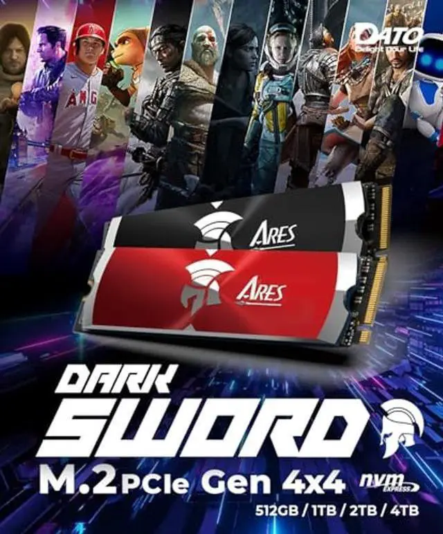 Alt view image 5 of 5 - DATO 2TB Internal SSD w/Heatsink for Gaming, ARES Dark Sword M.2 2280 PCIe Gen4x4 Solid State Drive, Up to 7200/6850 MB/s, Storage Expansion for Gaming Consoles - Black