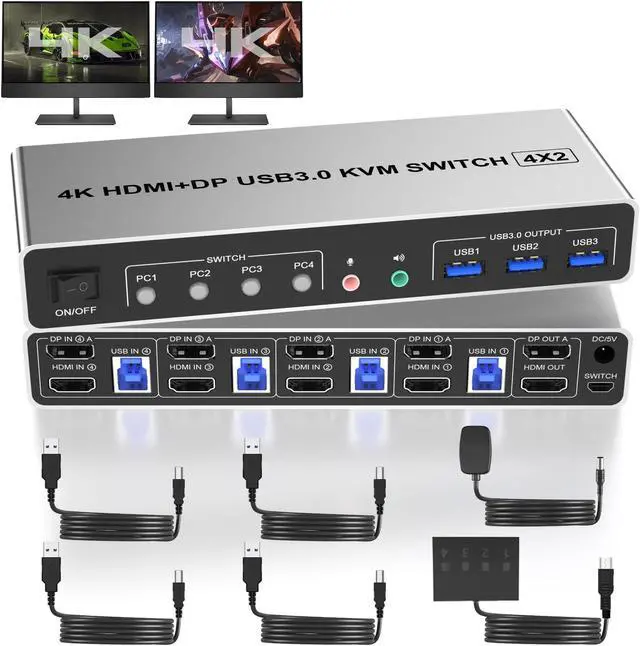 Main image of USB 3.0 KVM Switch Displayport+HDMI 2 Monitors 4 Computers, 4K@60Hz Dual Monitor KVM Switch 4 Port with Audio Microphone Output and 3 USB 3.0 Ports, 4 Port HDMI+DP Monitor Switch for 4 PCs 2 Monitors