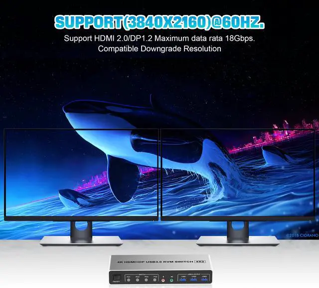Alt view image 4 of 5 - USB 3.0 KVM Switch Displayport+HDMI 2 Monitors 4 Computers, 4K@60Hz Dual Monitor KVM Switch 4 Port with Audio Microphone Output and 3 USB 3.0 Ports, 4 Port HDMI+DP Monitor Switch for 4 PCs 2 Monitors