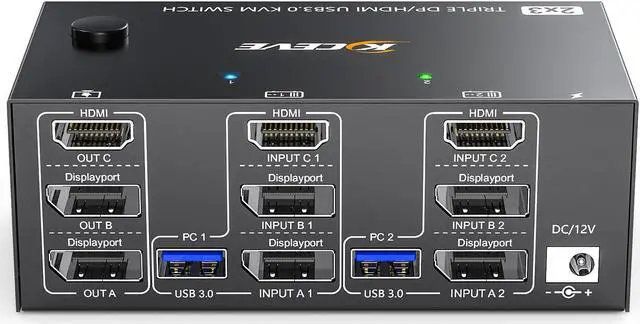 Main image of KVM Switch 3 Monitors 2 Computers 8K@60Hz 4K@144Hz, HDMI+2 Displayport KVM Switch Triple Monitor for 2 Computer Share 3 Monitor and 4 USB3.0 Port Keyboard Mouse,Wired Remote and 5 Cables Included