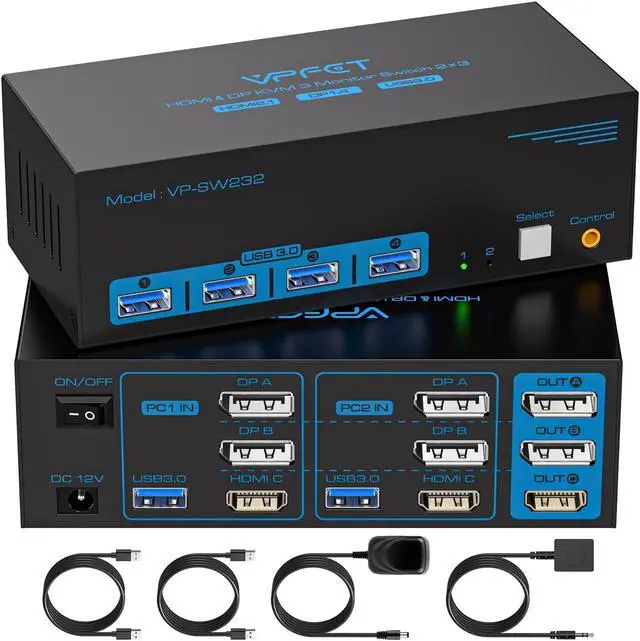 Main image of 8K@60Hz HDMI Displayport KVM Switch 3 Monitors 2 Computers 4K@120Hz Triple Monitor KVM Switches for 2 PC Share 4 USB 3.0 Ports Support Extended & Copy Mode Desktop Controller 12V Adapter Included