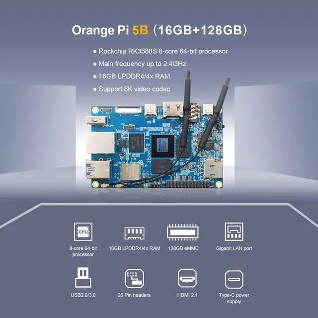 Alt view image 3 of 5 - Orange Pi 5B 4GB+32GB Rockchip RK3588S 8-Core 64 Bit Single Board Computer with 32GB onboard eMMC Flash, Wi-Fi6/Bluetooth 5.0, Compatible Linux/Android/Debian/Ubuntu (16GB128GB+Power Supply)