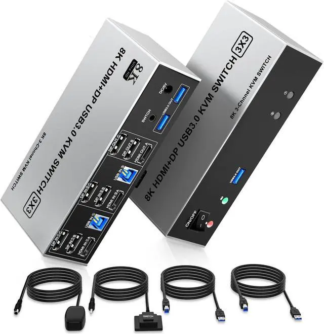 Main image of 8K@60Hz USB3.0 2 Displayport+HDMI KVM Switch Triple Monitor 2Computer, 2PC Share 3Monitors (HDMI+2 Displayport) KVM Switch with Audio Microphone and 3USB Ports, HDMI+2 DP Monitor Switch for 2PC