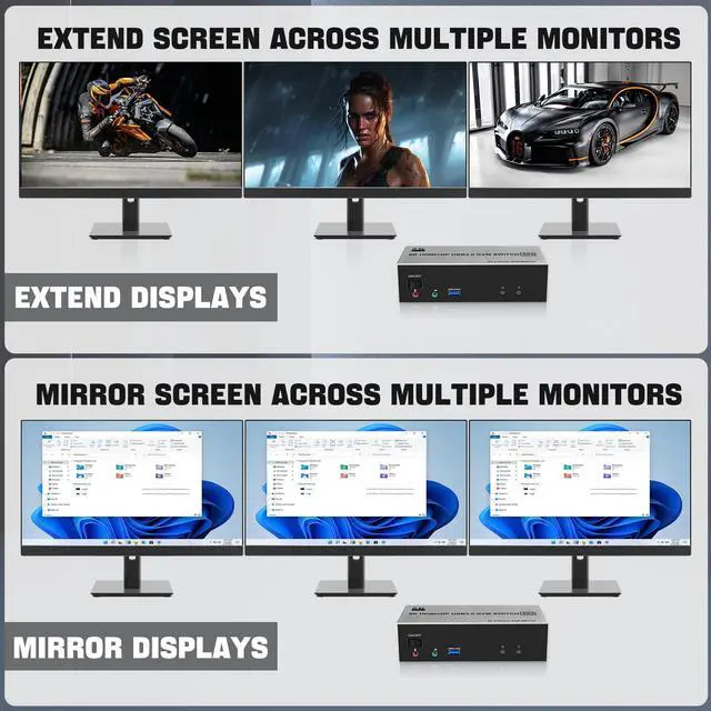 Alt view image 5 of 5 - 8K@60Hz USB3.0 2 Displayport+HDMI KVM Switch Triple Monitor 2Computer, 2PC Share 3Monitors (HDMI+2 Displayport) KVM Switch with Audio Microphone and 3USB Ports, HDMI+2 DP Monitor Switch for 2PC