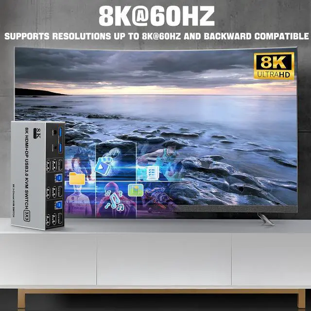 Alt view image 3 of 5 - 8K@60Hz USB3.0 2 Displayport+HDMI KVM Switch Triple Monitor 2Computer, 2PC Share 3Monitors (HDMI+2 Displayport) KVM Switch with Audio Microphone and 3USB Ports, HDMI+2 DP Monitor Switch for 2PC