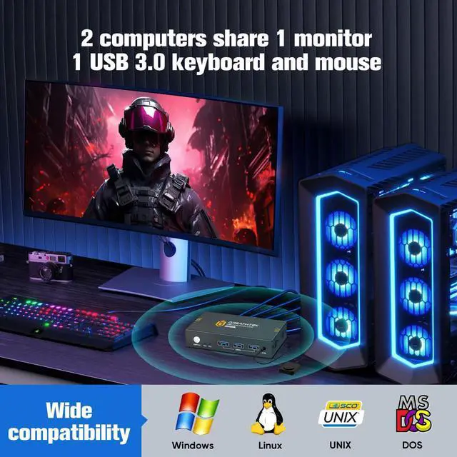 Alt view image 4 of 5 - USB3.0 KVM Switch 2 Port HDMI, 4K@60Hz KVM Switch 1 Monitors 2 Computers with 3 USB3.0 Ports, HDMI KVM Switches for 2 PCs Share 1 Monitors and USB Devices, Support Button Switch, EDID