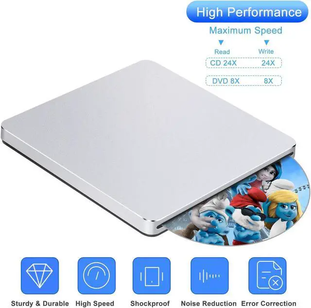 Alt view image 4 of 5 - Guamar External CD Drive for Mac: USB 3.0 Superdrive for Apple MacBook - Slim & Portable Slot-in DVD Burner for Laptop PC Windows with USB-C Adapter - Plug & Play Aluminum (Silver)