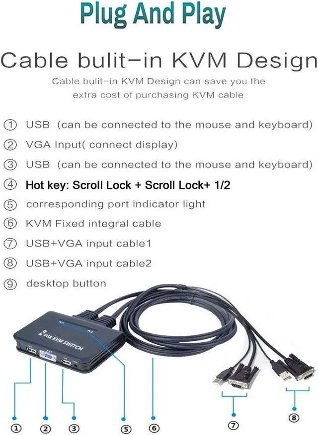 Alt view image 3 of 5 - SKLTD 2 Port USB VGA KVM Switch, 2 in 1 Out Dual Port VGA Monitor Switcher Share for 2 Computer PC Laptop Notebook Sharing 1 Video Monitor, No Power Adapter, HotKey Switching