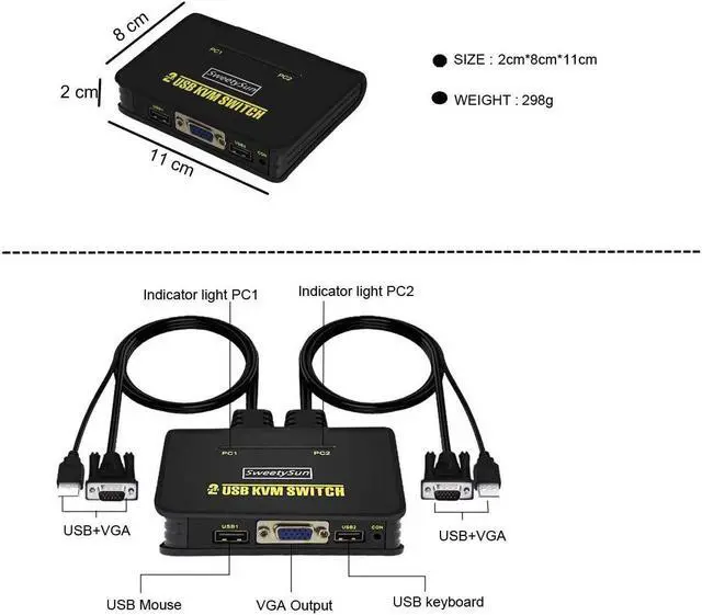 Alt view image 5 of 5 - SKLTD 2 Port USB VGA KVM Switch, 2 in 1 Out Dual Port VGA Monitor Switcher Share for 2 Computer PC Laptop Notebook Sharing 1 Video Monitor, No Power Adapter, HotKey Switching