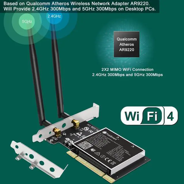 Alt view image 2 of 5 - FebSmart Wireless N Dual Band 600Mbps (2.4GHz 300Mbps or 5GHz 300Mbps) PCI WiFi Adapter for Windows 11, 10, 8.x, 7, XP (32/64bit) and Windows Server Desktop PCs, PCI Interface WiFi Card (PCI-N600)