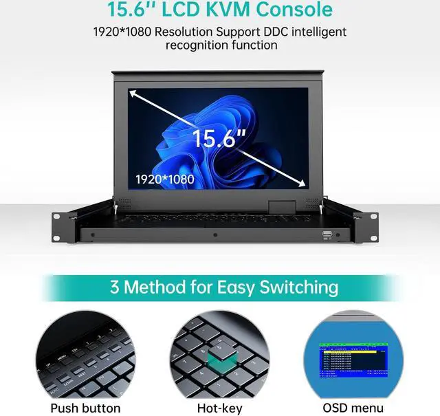 Alt view image 3 of 5 - MT-VIKI 16 Port VGA KVM Console, 1U Rack Mount KVM Console w/15.6'' LCD Monitor, 1080P All-in-ONE LCD KVM Console Integrated Touchpad+Keyboard+Drawer+16 KVM Cables