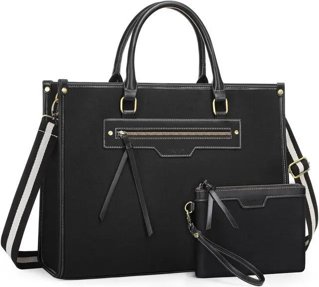 Main image of MOSISO Laptop Tote Bag for Women, 15.6 inch Canvas Laptop Bag with Front Pocket, Large Capacity Messenger Shoulder Computer Handbag for Business Office Work Travel, Black