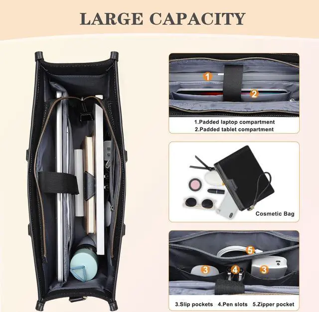 Alt view image 3 of 5 - MOSISO Laptop Tote Bag for Women, 15.6 inch Canvas Laptop Bag with Front Pocket, Large Capacity Messenger Shoulder Computer Handbag for Business Office Work Travel, Black