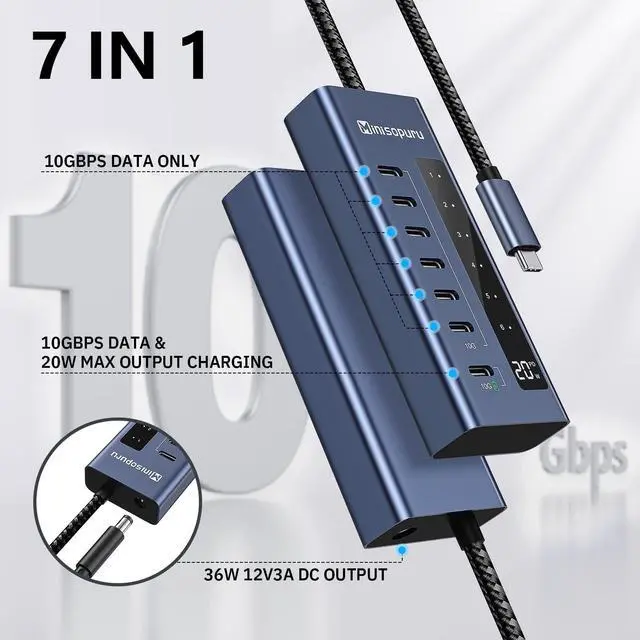 Alt view image 2 of 5 - Minisopuru Powered USB C Hub, 7 in 1 USB-C Hub Support 10Gbps Data & 20W Charging, USBC Hub Powered Multiport Adapter for MacBook Pro/Air, iMac,iPad, Phone, Surface, Dell, etc.(Not Support Video)