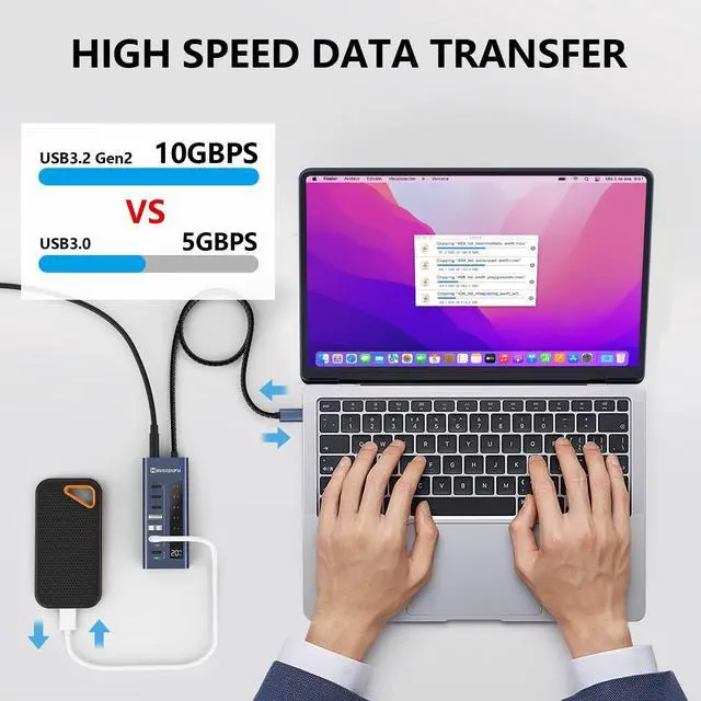 Alt view image 3 of 5 - Minisopuru Powered USB C Hub, 7 in 1 USB-C Hub Support 10Gbps Data & 20W Charging, USBC Hub Powered Multiport Adapter for MacBook Pro/Air, iMac,iPad, Phone, Surface, Dell, etc.(Not Support Video)