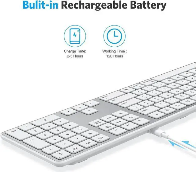 Alt view image 5 of 5 - OMOTON Bluetooth Keyboard for Mac, Wireless Keyboard with Numeric Keypad, Multi-Device, Rechargeable, Compatible with MacBook Pro/Air, iMac, iMac Pro, Mac Mini, Mac Pro Laptop and PC (Silver)