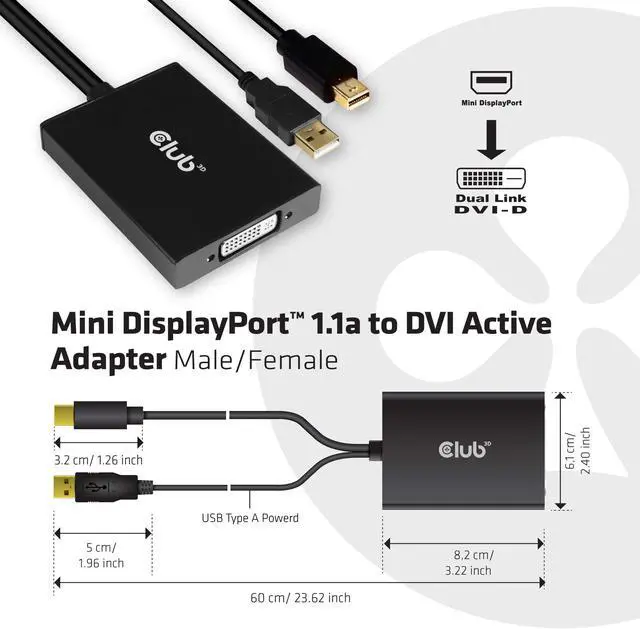 Alt view image 2 of 5 - Club 3D CAC-1130-A Mini DisplayPort to Dual Link DVI, HDCP Off Version for Apple Cinema Displays Active Adapter M/F